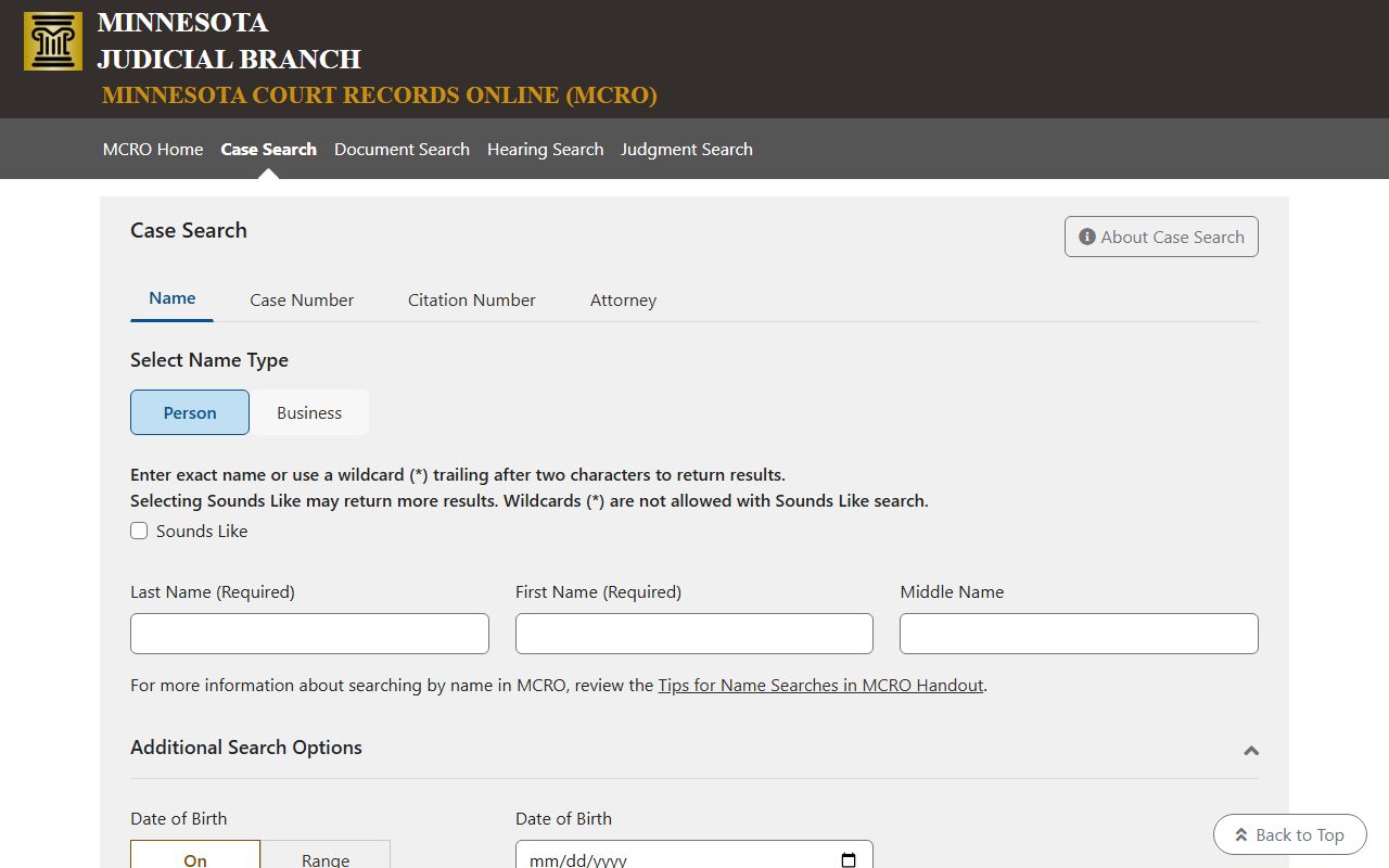 Minnesota Court Records Online case search filters