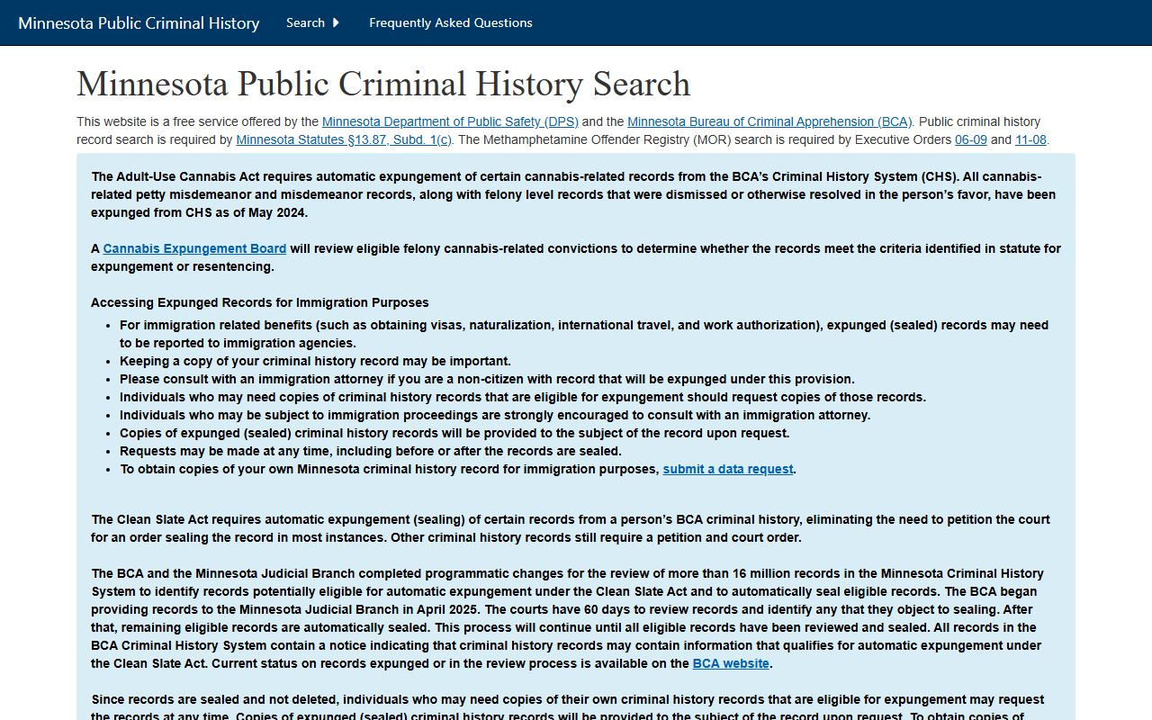 Minnesota BCA public criminal history search page