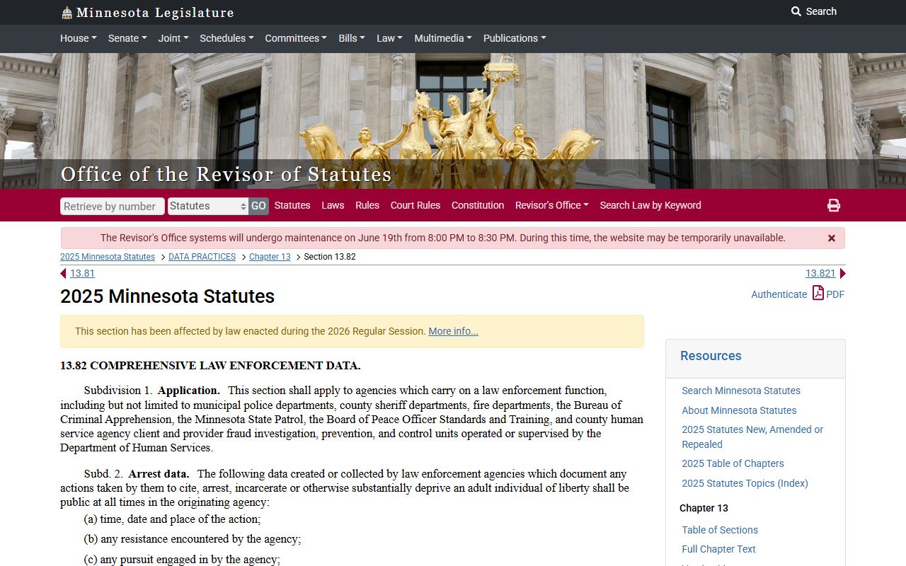 Minnesota statute page for law-enforcement data and booking photographs