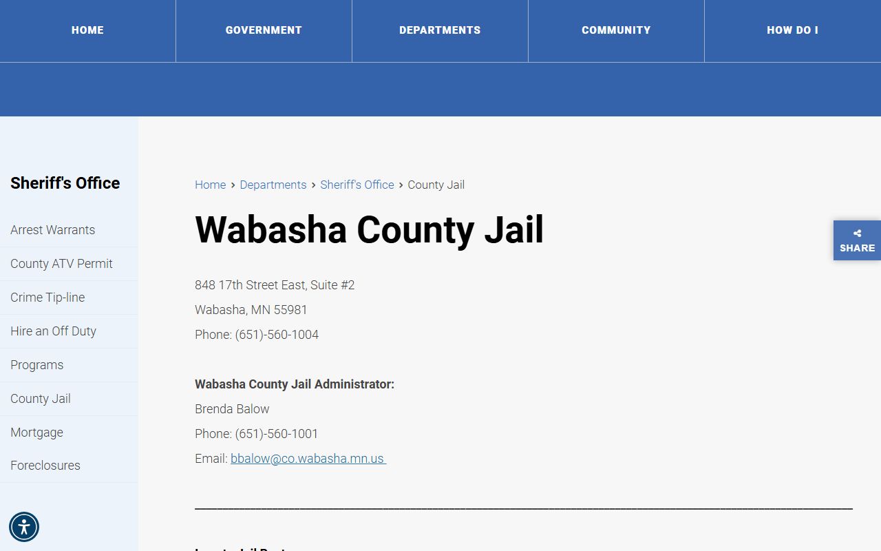 Wabasha County Jail official page with roster and contact details