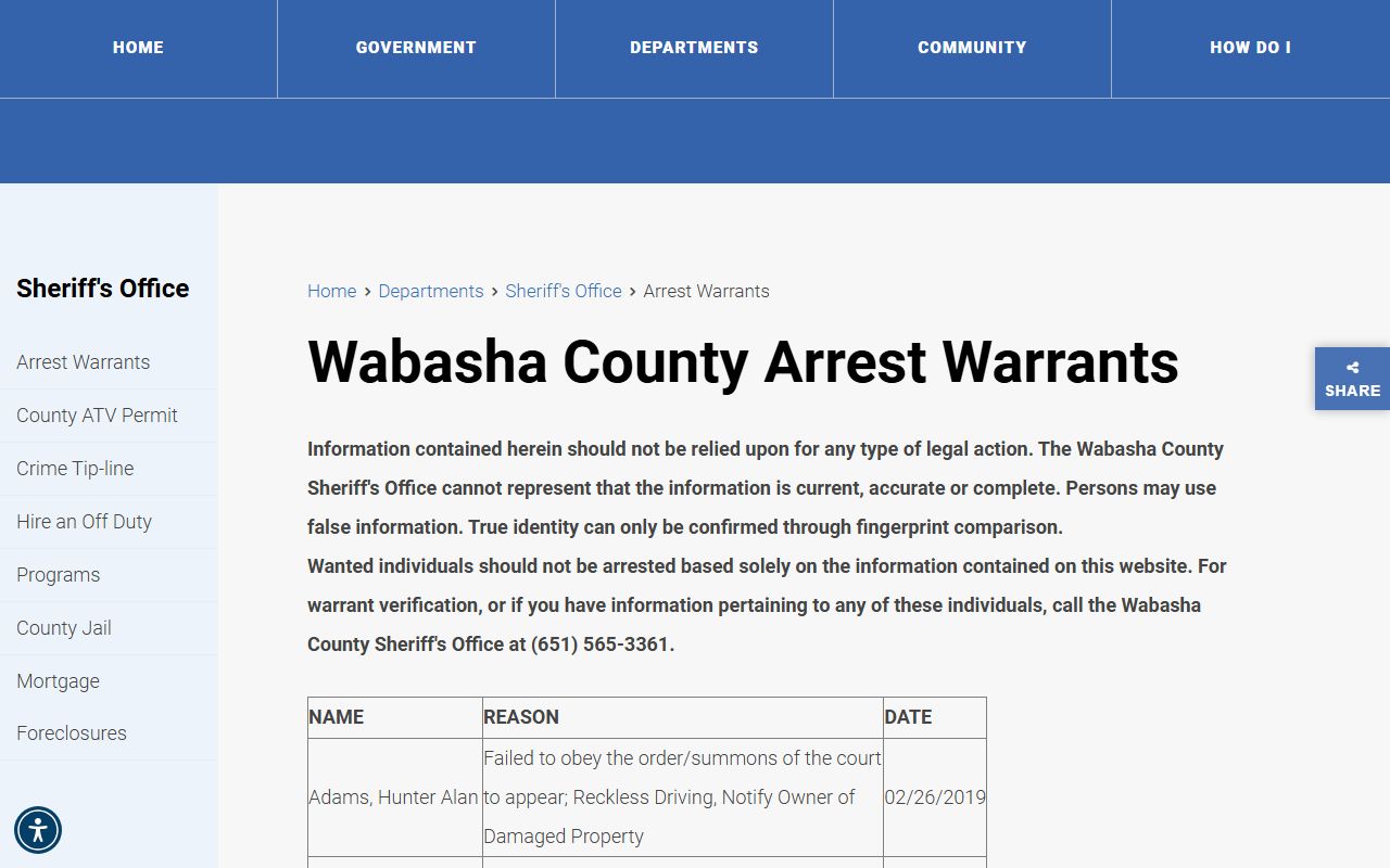 Wabasha County arrest warrants page with warning and warrant table